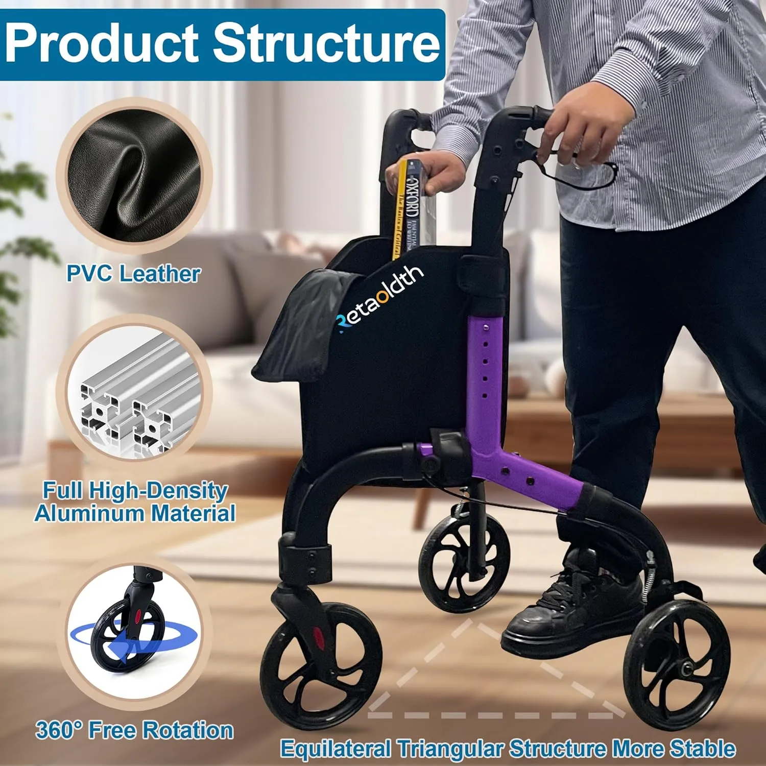 Premium 3 Wheel Rollator Walker for Seniors, Lightweight Foldable Elderly Three Wheeled Rollator with Storage Bag, Aluminum Mobility Aid Rolling Walker (Purple)
