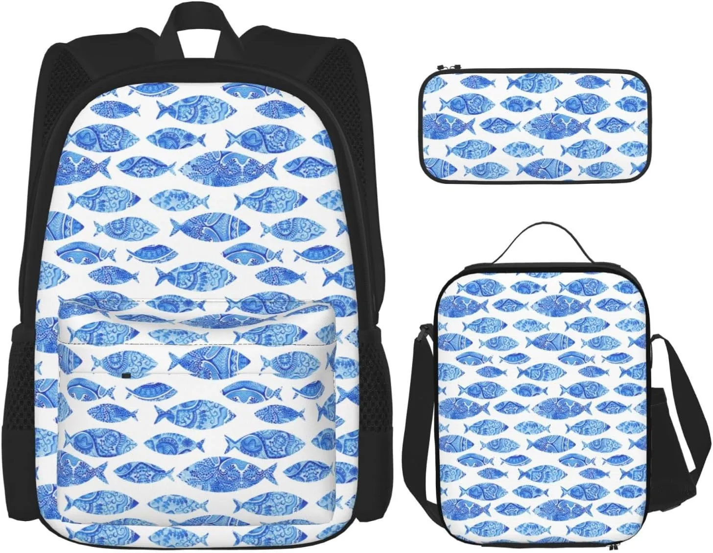 Premium fish painting Print 3-in-1 Backpack Set with Lunch Bag & Pencil Case Portable Bag Set