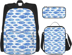 Premium fish painting Print 3-in-1 Backpack Set with Lunch Bag & Pencil Case Portable Bag Set