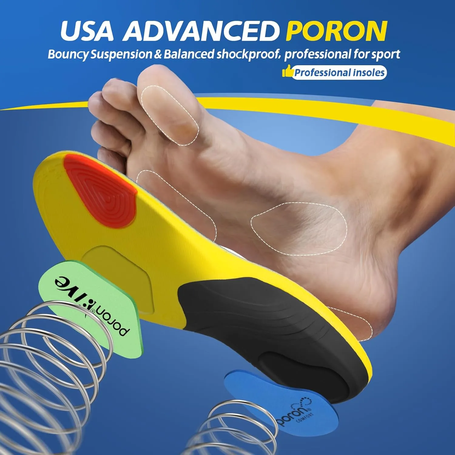 Professional Sport Insoles with Medium Arch Support and Shock Absorption for Plantar Fasciitis and Flat Feet Pain Relief in Men and Women, Orthotics Shoe Insert, Breathable & Anti-Slip, Blue, XS