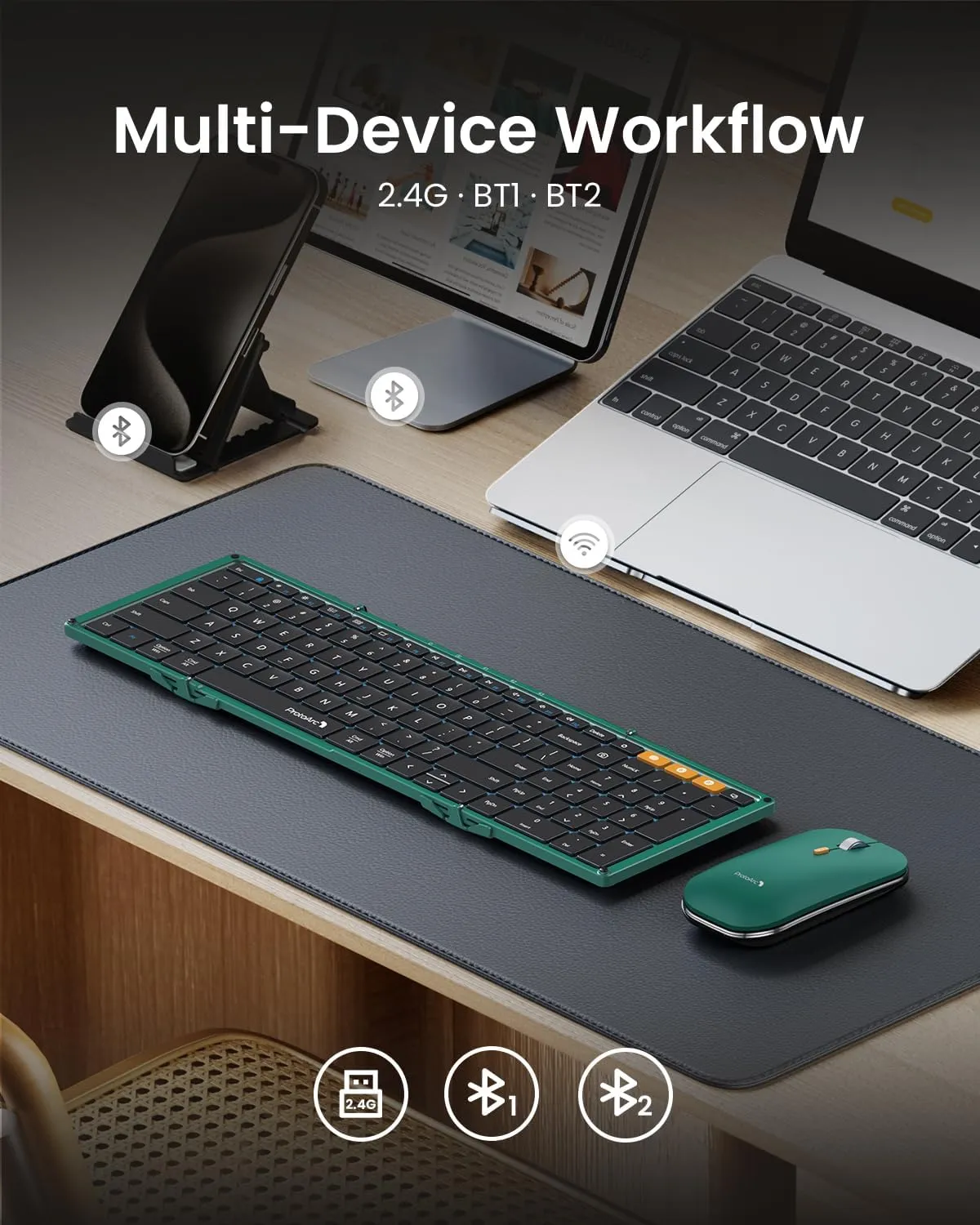 ProtoArc Foldable Keyboard and Mouse, XKM01 True Full-Size Folding Keyboard Mouse Combo for Business and Travel, 2.4G Dual Bluetooth Portable Mouse Keyboards for Laptop iPads Tablets - Green