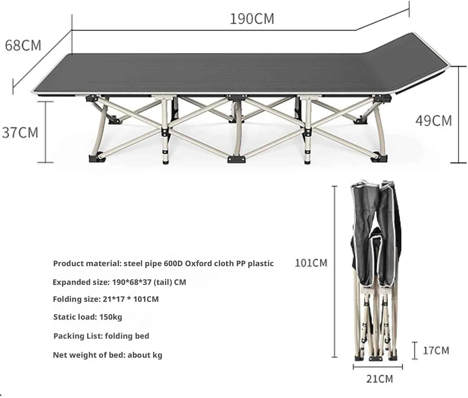 Queen Folding Bed/Accompanying/Office Nap/Camp Bed, Cot for Camping, Steel Pipe, 600D Oxford Cloth, Ergonomics, Non-Slip Foot Pad, Portable Storage(68x190)