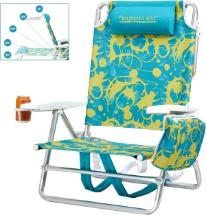 Reclining Beach Chair Backpack 5-Position Lay Flat Lounge Chair for Adults Heavy Duty Portable Folding Lightweight with Cooler Bag Camping Chair for Sand Outdoor