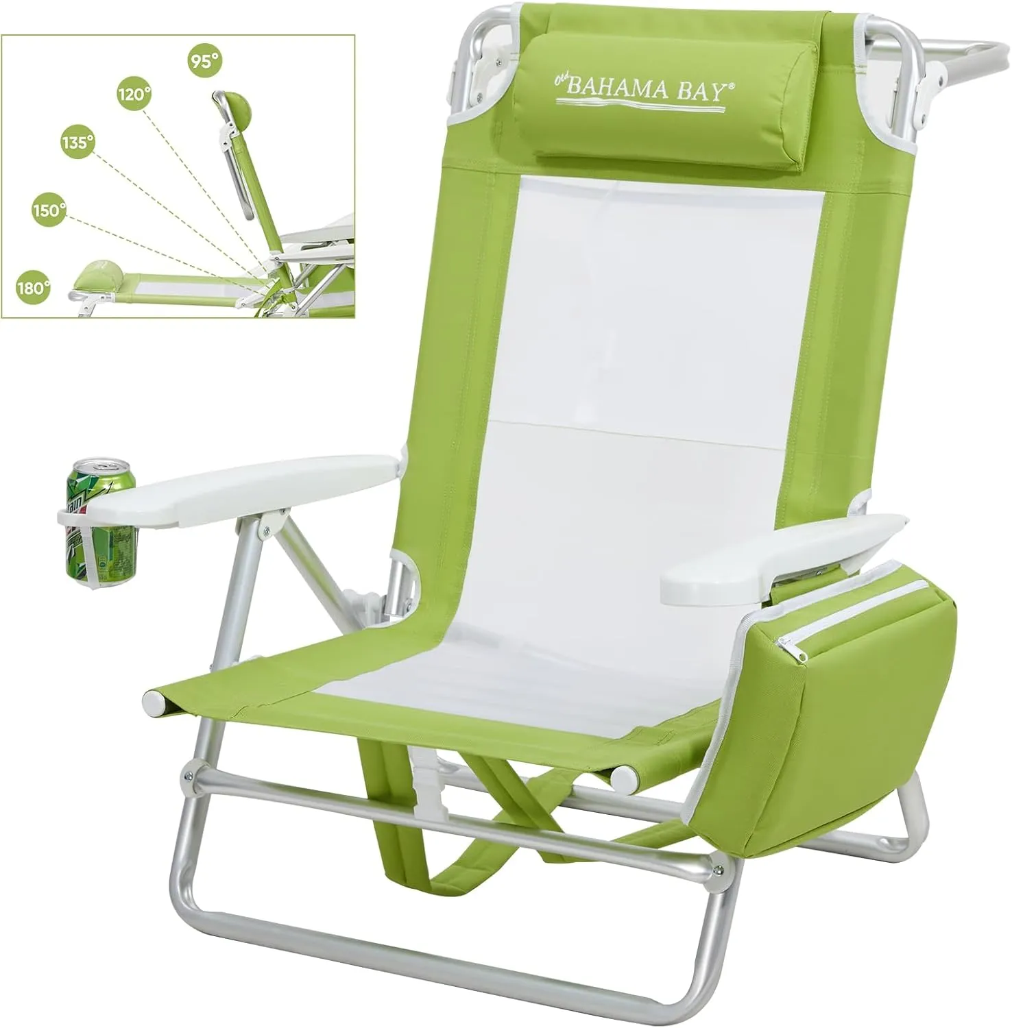 Reclining Beach Chair Backpack 5-Position Lay Flat Lounge Chair for Adults Heavy Duty Portable Folding Lightweight with Cooler Bag Camping Chair for Sand Outdoor