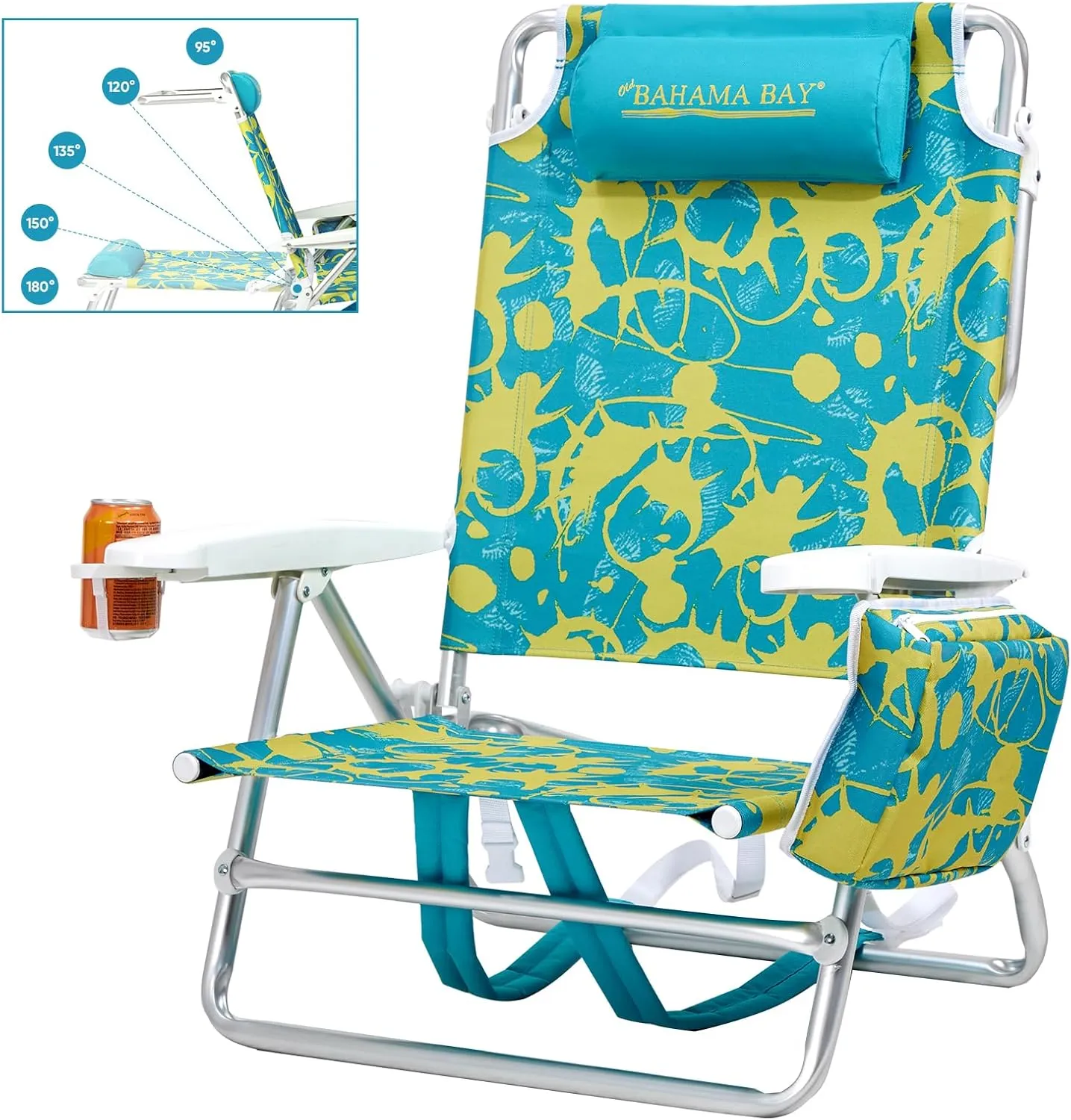Reclining Beach Chair Backpack 5-Position Lay Flat Lounge Chair for Adults Heavy Duty Portable Folding Lightweight with Cooler Bag Camping Chair for Sand Outdoor