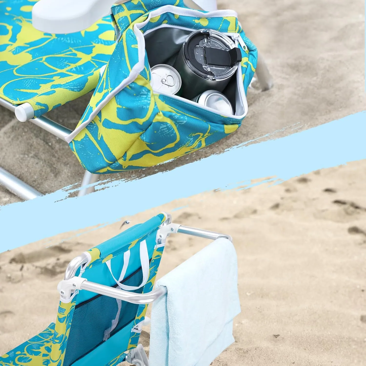 Reclining Beach Chair Backpack 5-Position Lay Flat Lounge Chair for Adults Heavy Duty Portable Folding Lightweight with Cooler Bag Camping Chair for Sand Outdoor