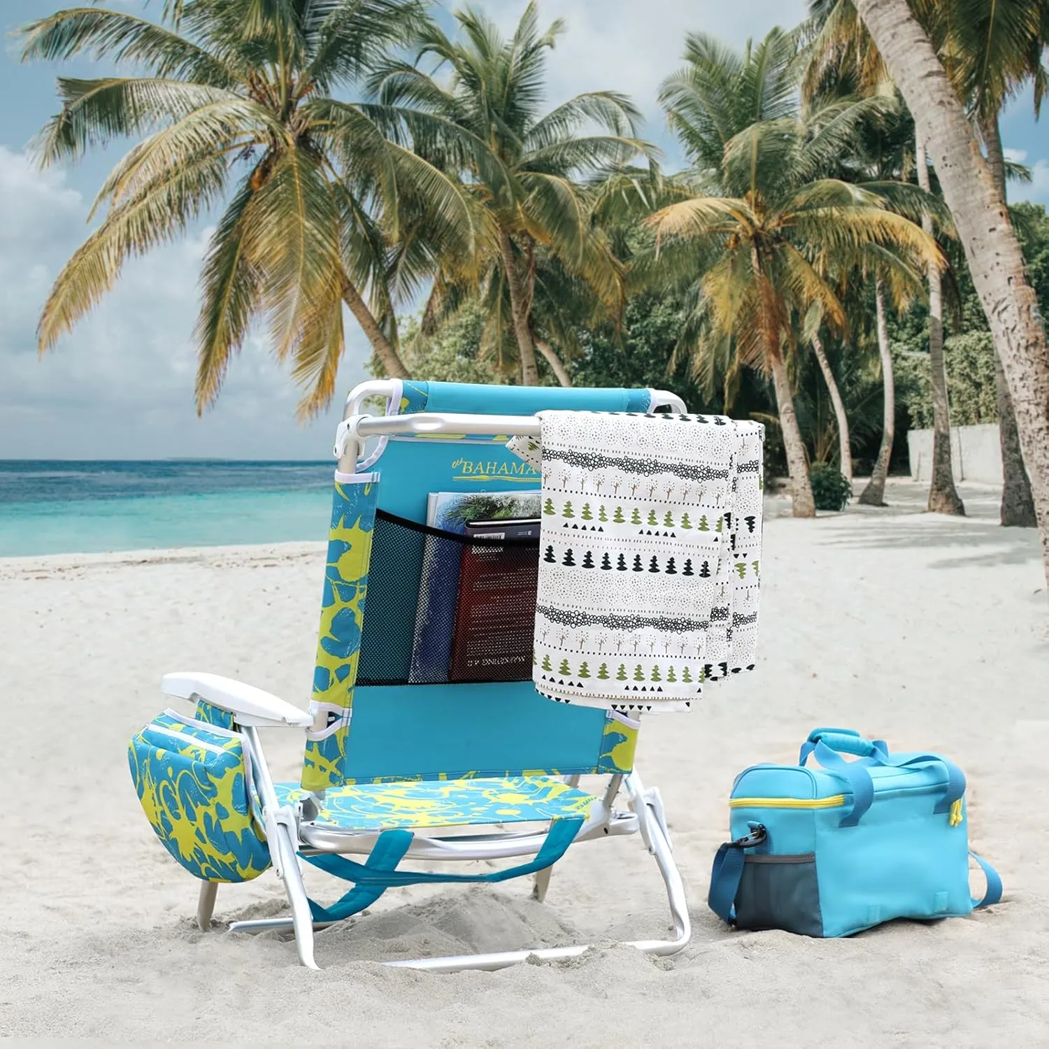 Reclining Beach Chair Backpack 5-Position Lay Flat Lounge Chair for Adults Heavy Duty Portable Folding Lightweight with Cooler Bag Camping Chair for Sand Outdoor
