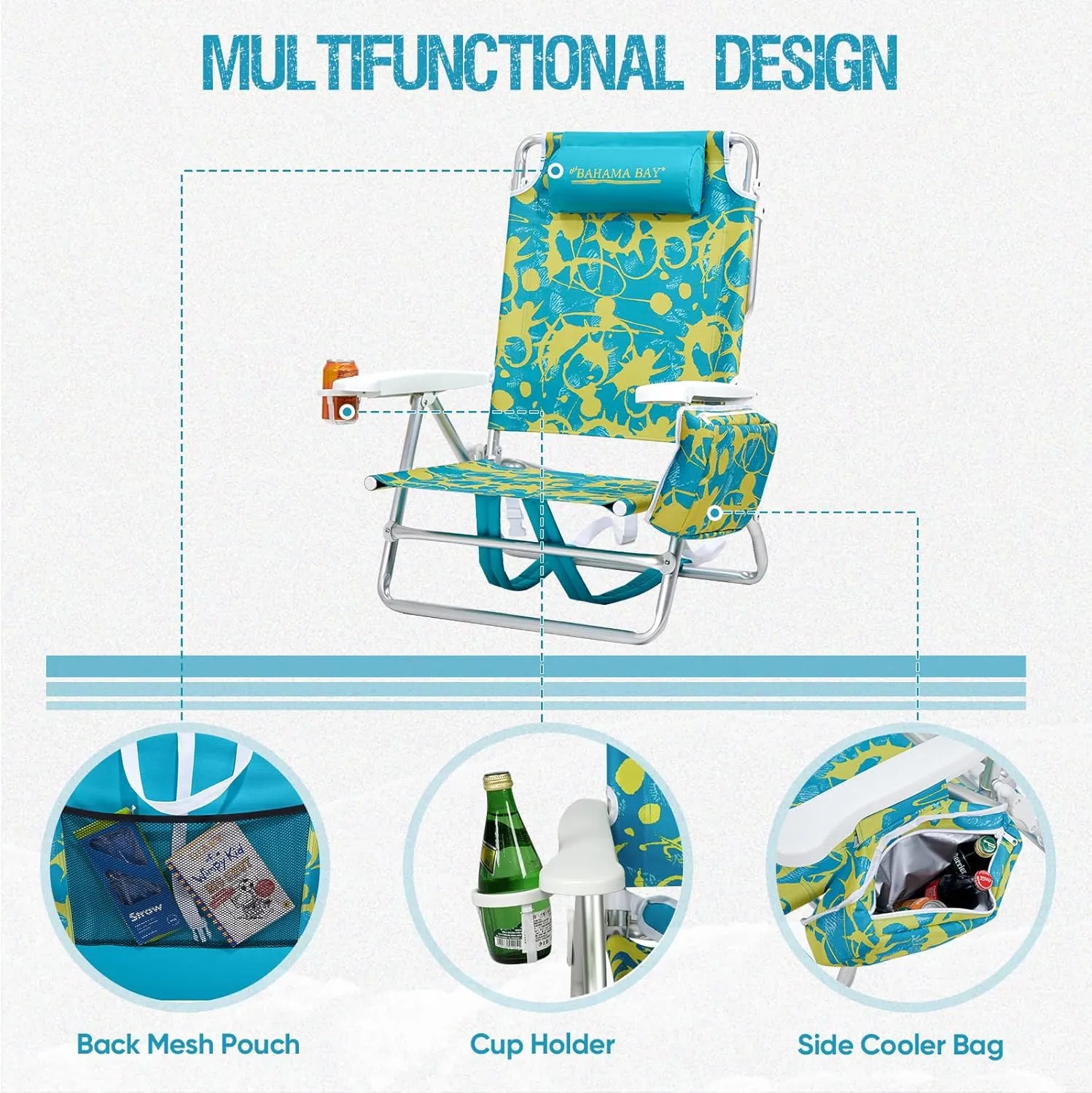Reclining Beach Chair Backpack 5-Position Lay Flat Lounge Chair for Adults Heavy Duty Portable Folding Lightweight with Cooler Bag Camping Chair for Sand Outdoor
