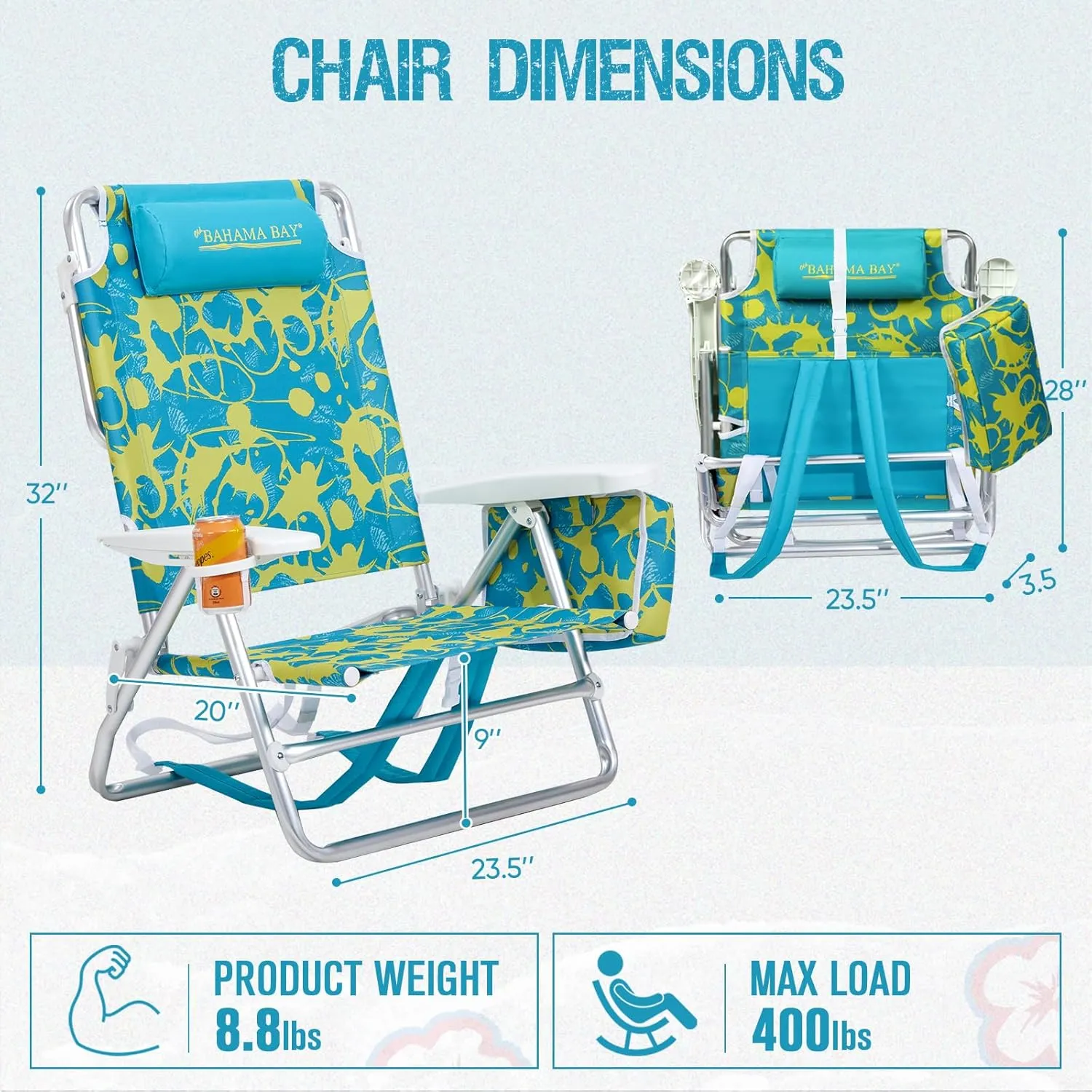 Reclining Beach Chair Backpack 5-Position Lay Flat Lounge Chair for Adults Heavy Duty Portable Folding Lightweight with Cooler Bag Camping Chair for Sand Outdoor