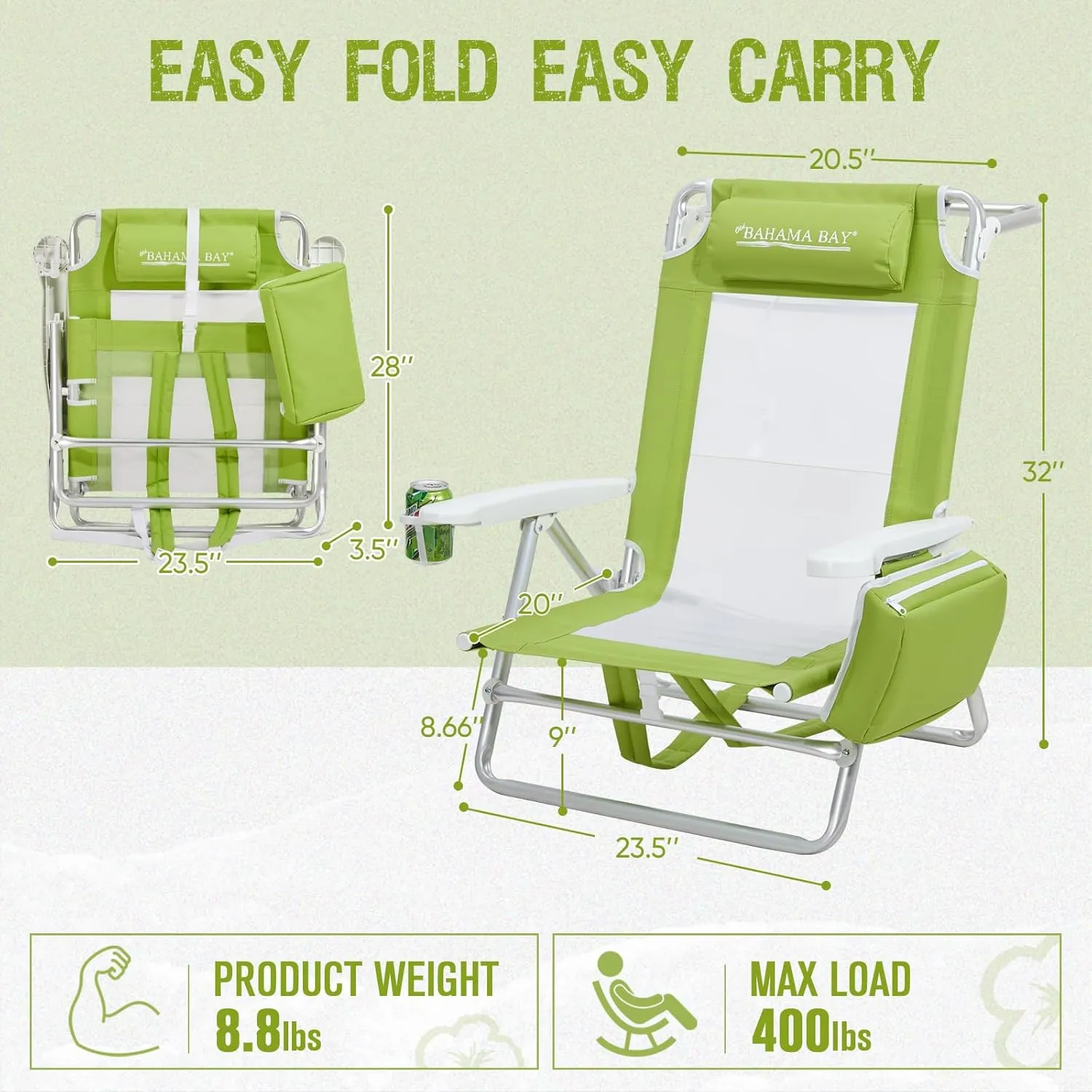 Reclining Beach Chair Backpack 5-Position Lay Flat Lounge Chair for Adults Heavy Duty Portable Folding Lightweight with Cooler Bag Camping Chair for Sand Outdoor