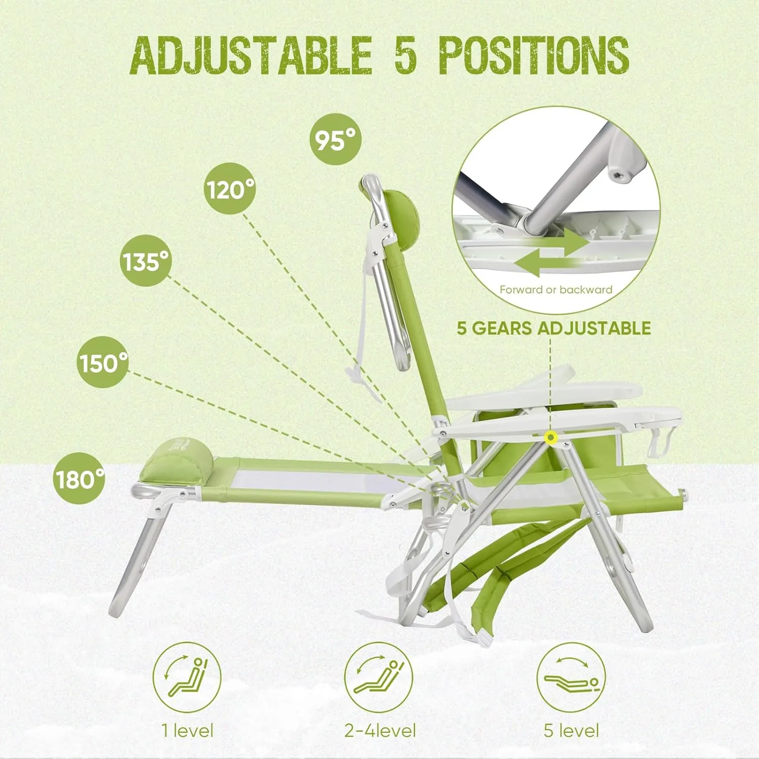 Reclining Beach Chair Backpack 5-Position Lay Flat Lounge Chair for Adults Heavy Duty Portable Folding Lightweight with Cooler Bag Camping Chair for Sand Outdoor