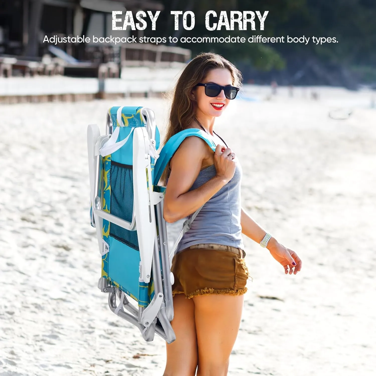 Reclining Beach Chair Backpack 5-Position Lay Flat Lounge Chair for Adults Heavy Duty Portable Folding Lightweight with Cooler Bag Camping Chair for Sand Outdoor