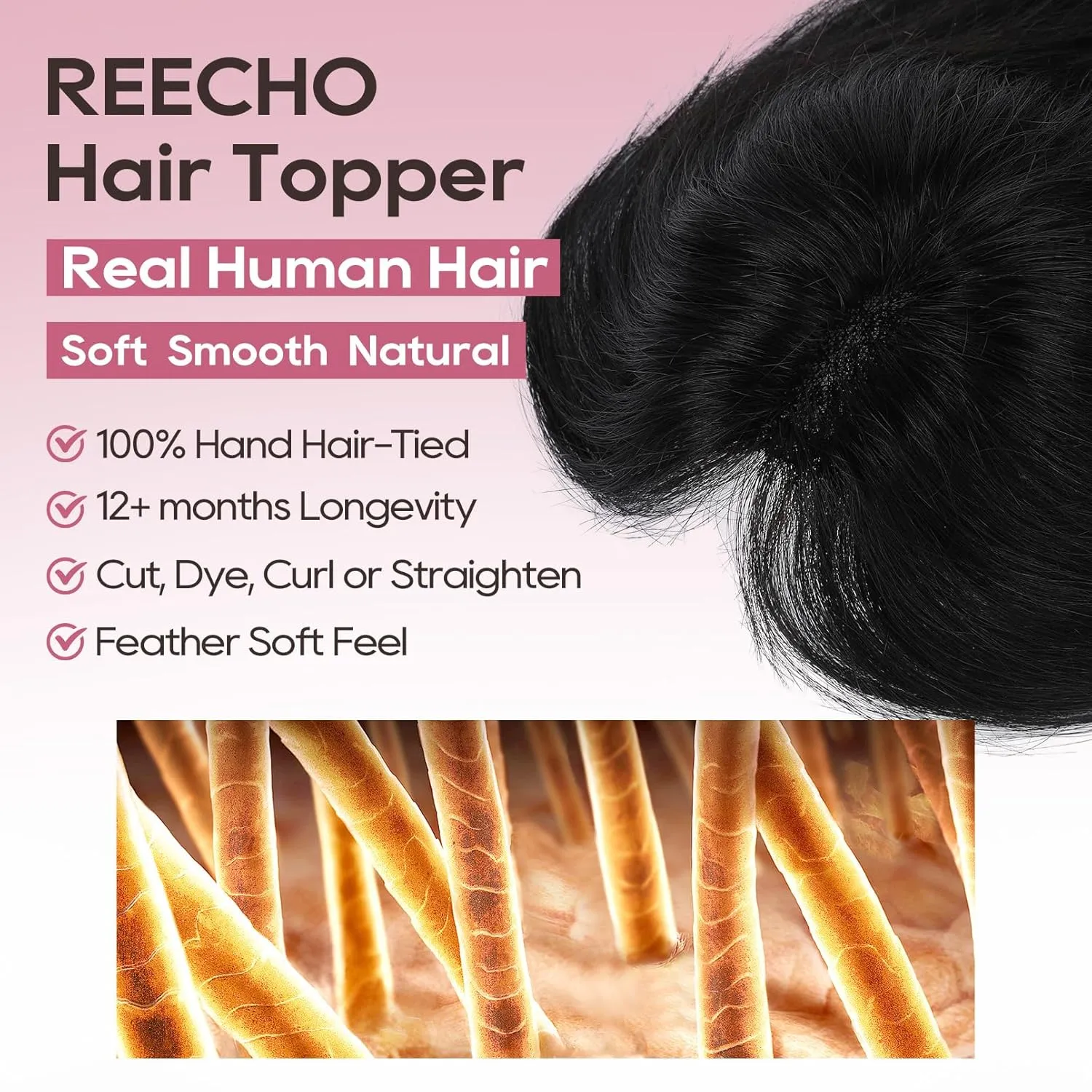 REECHO Human Hair Topper, 10 Inch Hair Toppers for Women Real Human Hair, Real Human Wiglet Adding Targeted Coverage for Thinning Hair, Natural Black