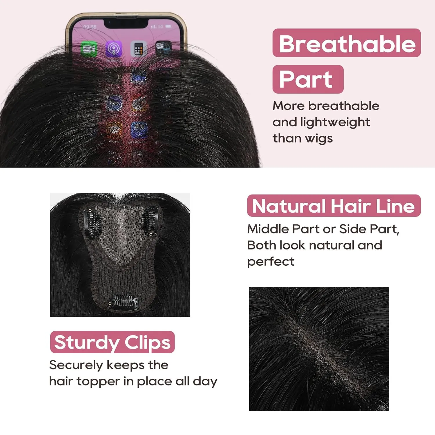 REECHO Human Hair Topper, 10 Inch Hair Toppers for Women Real Human Hair, Real Human Wiglet Adding Targeted Coverage for Thinning Hair, Natural Black