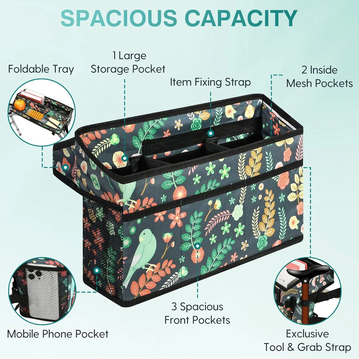 Rhino Valley Walker Basket for Folding Walker, Multi-pocket Walker Tray with Cup Holder, Foldable Walker Bag, Large Storage Basket for Walker, Walker Accessories for Seniors, Birds