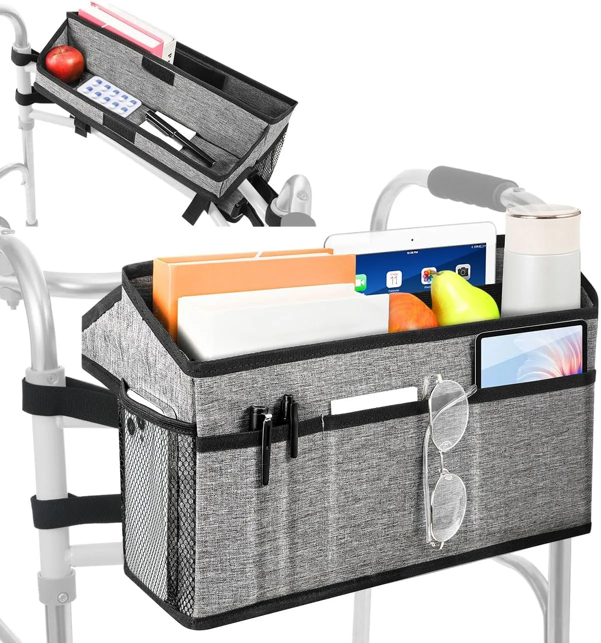 Rhino Valley Walker Basket for Folding Walker, Multi-pocket Walker Tray with Cup Holder, Foldable Walker Bag, Large Storage Basket for Walker, Walker Accessories for Seniors, Gray