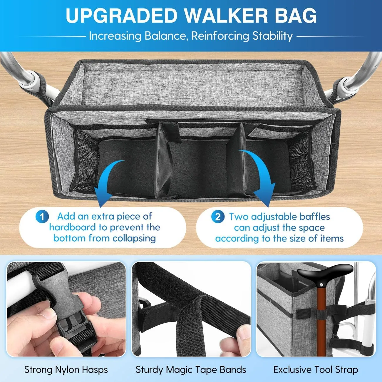 Rhino Valley Walker Basket for Folding Walker, Multi-pocket Walker Tray with Cup Holder, Foldable Walker Bag, Large Storage Basket for Walker, Walker Accessories for Seniors, Gray