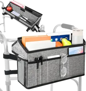Rhino Valley Walker Basket for Folding Walker, Multi-pocket Walker Tray with Cup Holder, Foldable Walker Bag, Large Storage Basket for Walker, Walker Accessories for Seniors, Gray
