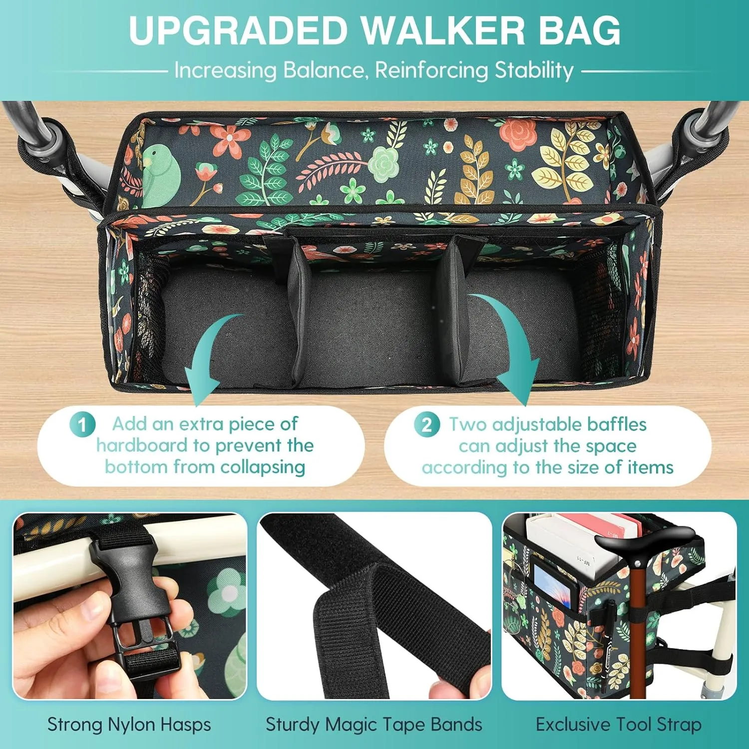 Rhino Valley Walker Basket for Folding Walker, Multi-Pocket Walker Tray with Cup Holder, Foldable Walker Bag, Large Storage Basket for Walker, Walker Accessories for Seniors