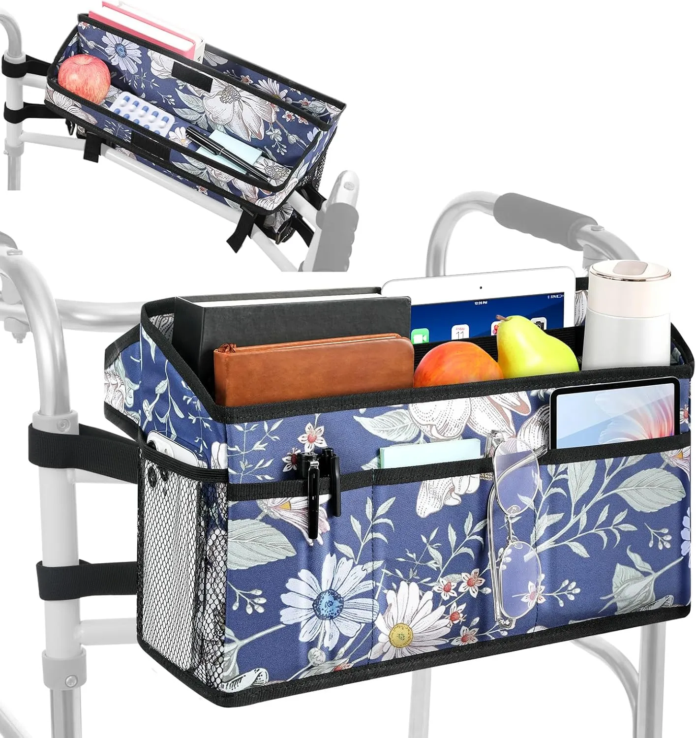 Rhino Valley Walker Basket for Folding Walker, Multi-Pocket Walker Tray with Cup Holder, Foldable Walker Bag, Large Storage Basket for Walker, Walker Accessories for Seniors