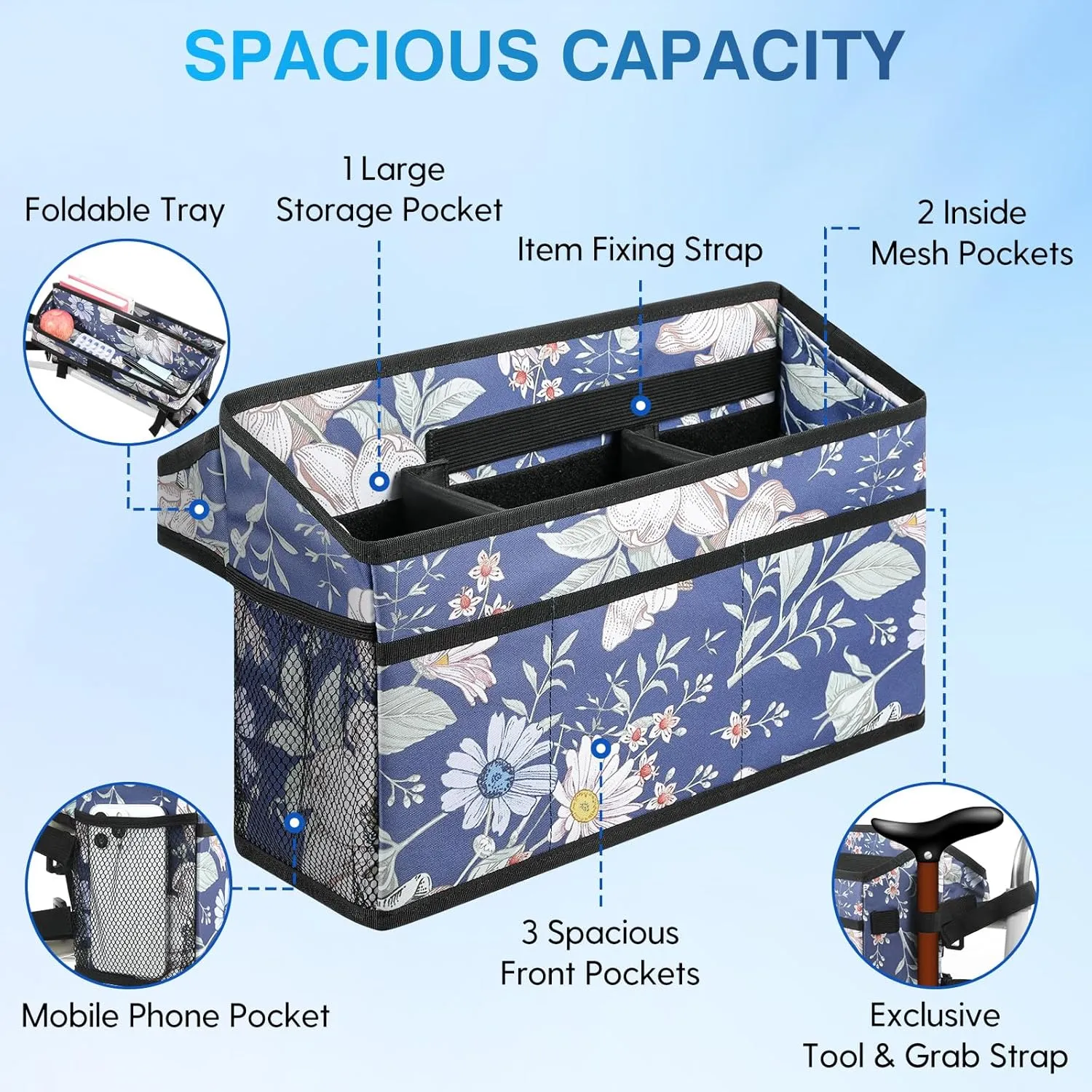 Rhino Valley Walker Basket for Folding Walker, Multi-Pocket Walker Tray with Cup Holder, Foldable Walker Bag, Large Storage Basket for Walker, Walker Accessories for Seniors