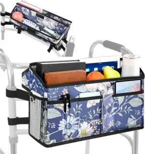 Rhino Valley Walker Basket for Folding Walker, Multi-Pocket Walker Tray with Cup Holder, Foldable Walker Bag, Large Storage Basket for Walker, Walker Accessories for Seniors