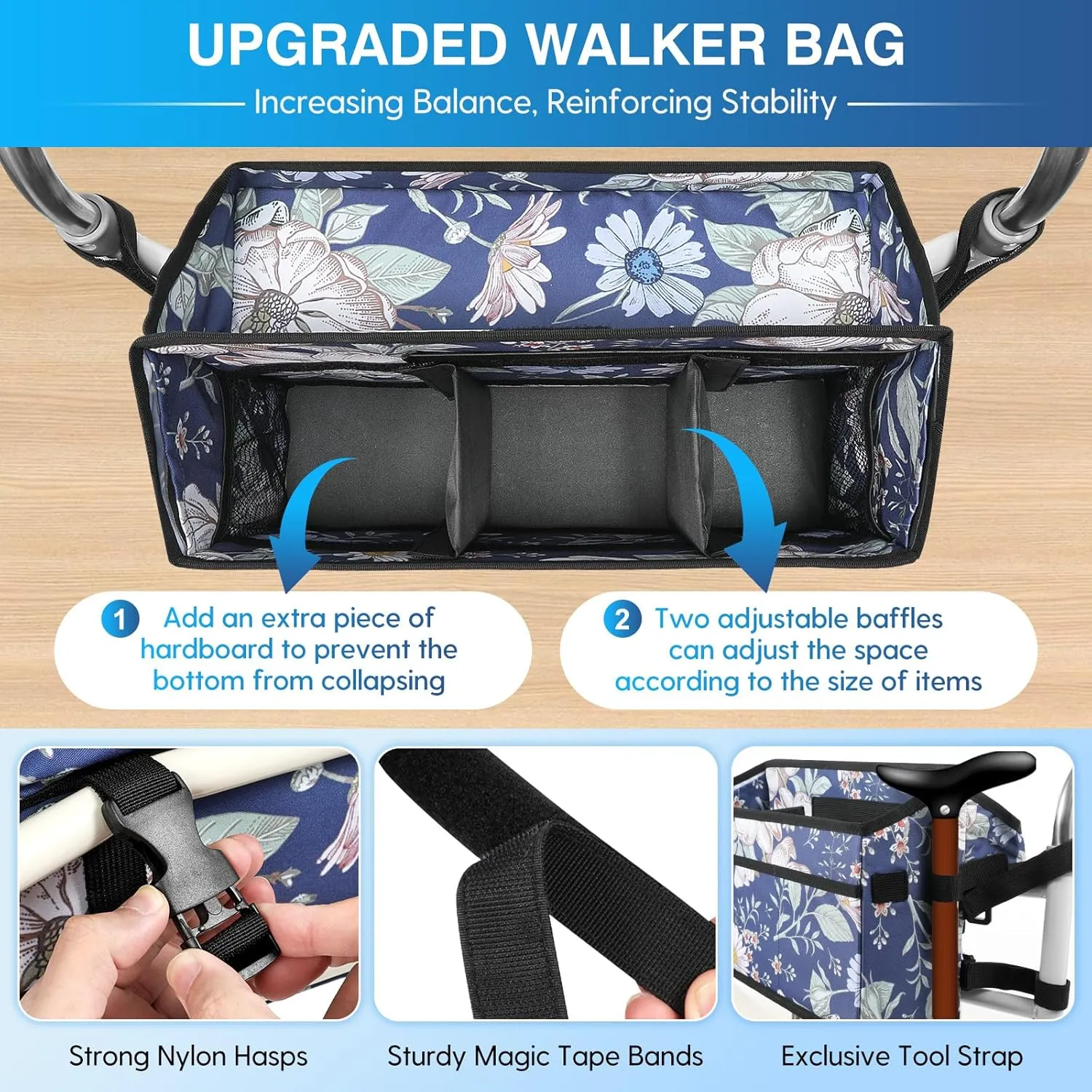 Rhino Valley Walker Basket for Folding Walker, Multi-Pocket Walker Tray with Cup Holder, Foldable Walker Bag, Large Storage Basket for Walker, Walker Accessories for Seniors