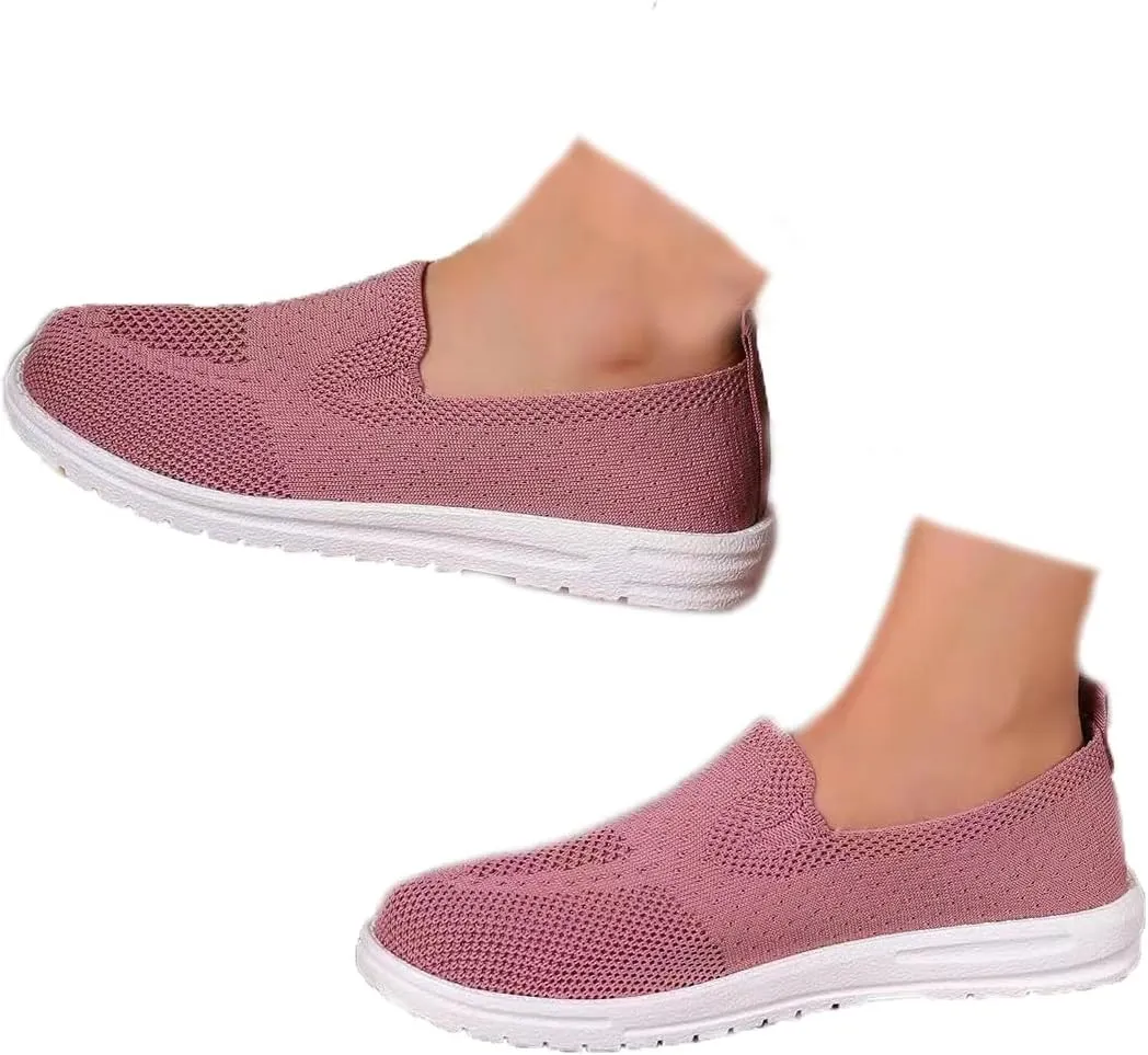 RiceelSor Women's Knitted Slip Ons Flat Loafers Mesh Breathable Non-Slip Lightweight Walking Shoes Comfortable Orthotic Nurse Working Mom Sneakers