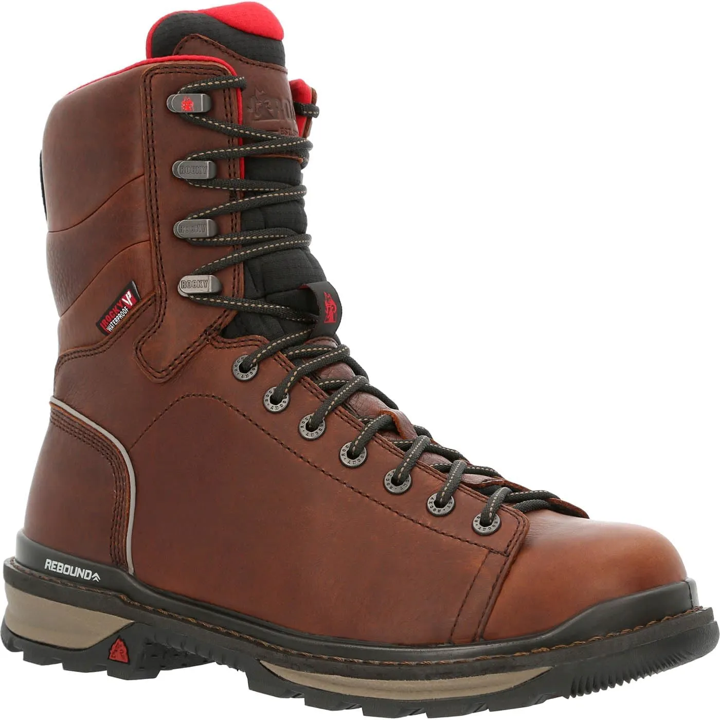 ROCKY Rams Horn Lace to Toe Waterproof Work Boot Size 7.5(W) Dark Brown