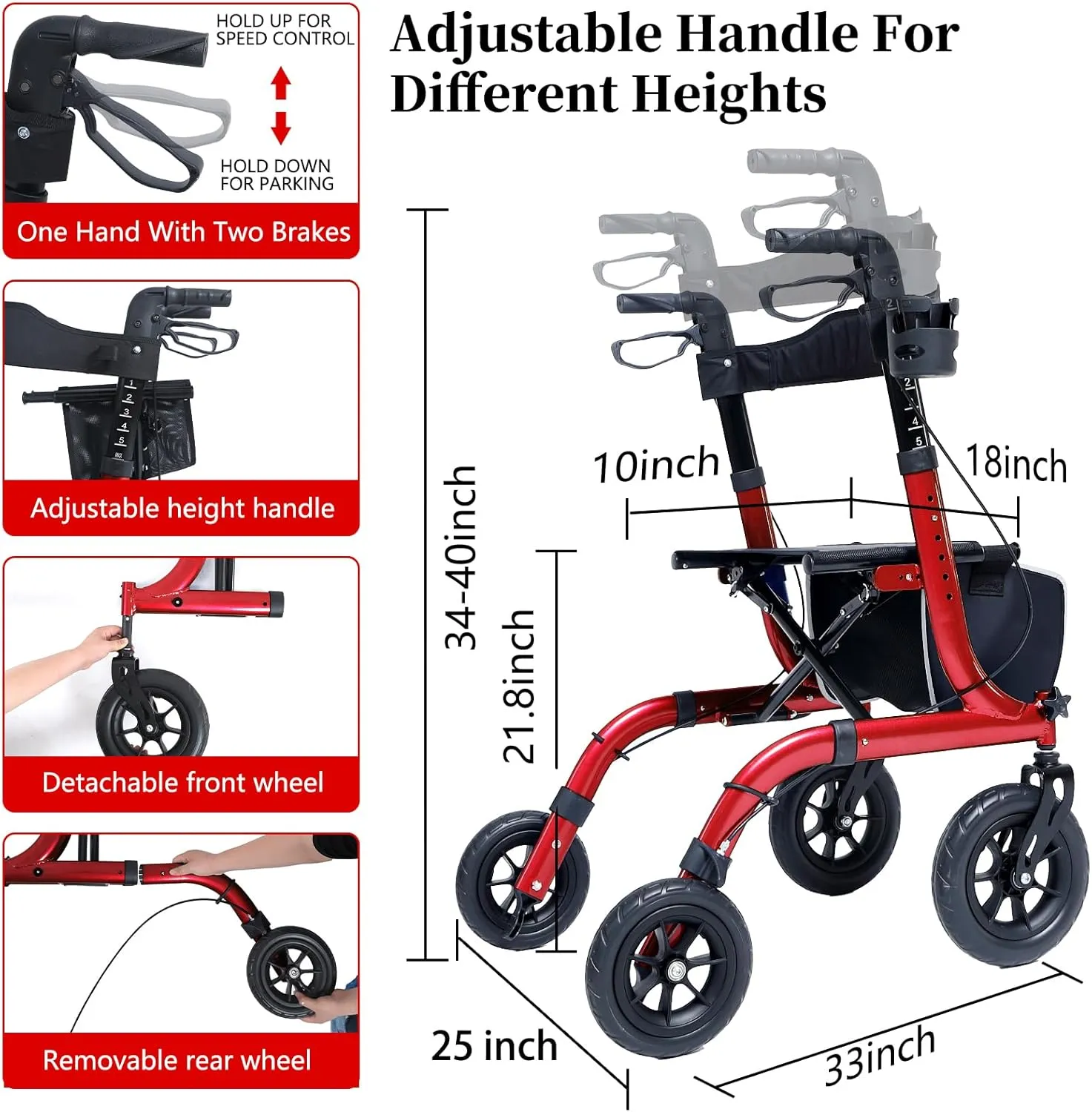 Rollator Walker for Seniors, Lightweight Foldable All Terrain Rolling Walker with seat, Aluminum Walkers with 10 inch Rubber Wheels, Handles and Backrest for Seniors and Adult