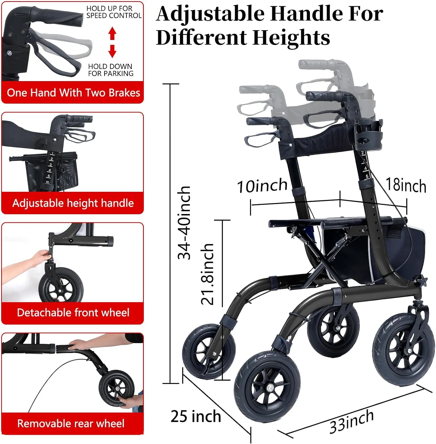 Rollator Walker for Seniors, Lightweight Foldable All Terrain Rolling Walker with seat, Aluminum Walkers with 10 inch Rubber Wheels, Handles and Backrest for Seniors and Adult