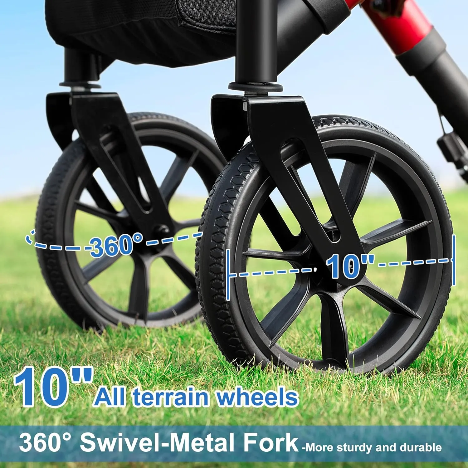 Rollator Walker for Seniors Taller 5.3~7ft with Height-Adjustable Seat, 10 Inch Wheels Wire-Hidden Walkers Compact Folding Design Lightweight Mobility Walking Aid Widen Backrest, Red