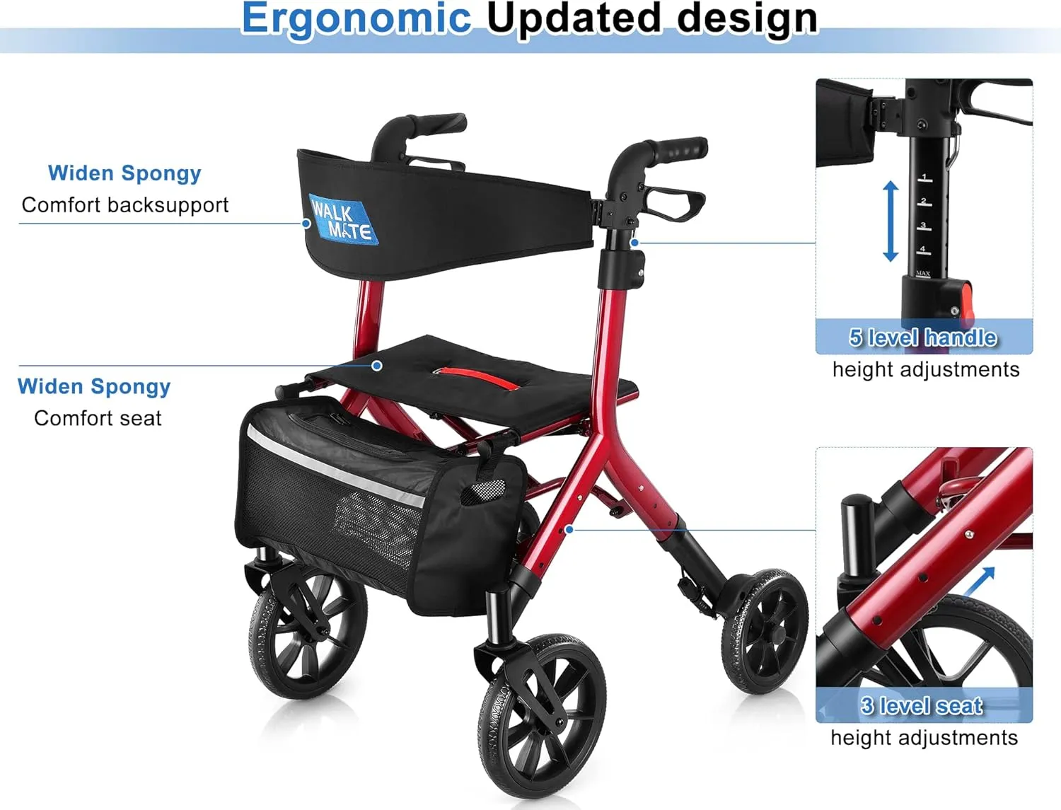 Rollator Walker for Seniors Taller 5.3~7ft with Height-Adjustable Seat, 10 Inch Wheels Wire-Hidden Walkers Compact Folding Design Lightweight Mobility Walking Aid Widen Backrest, Red