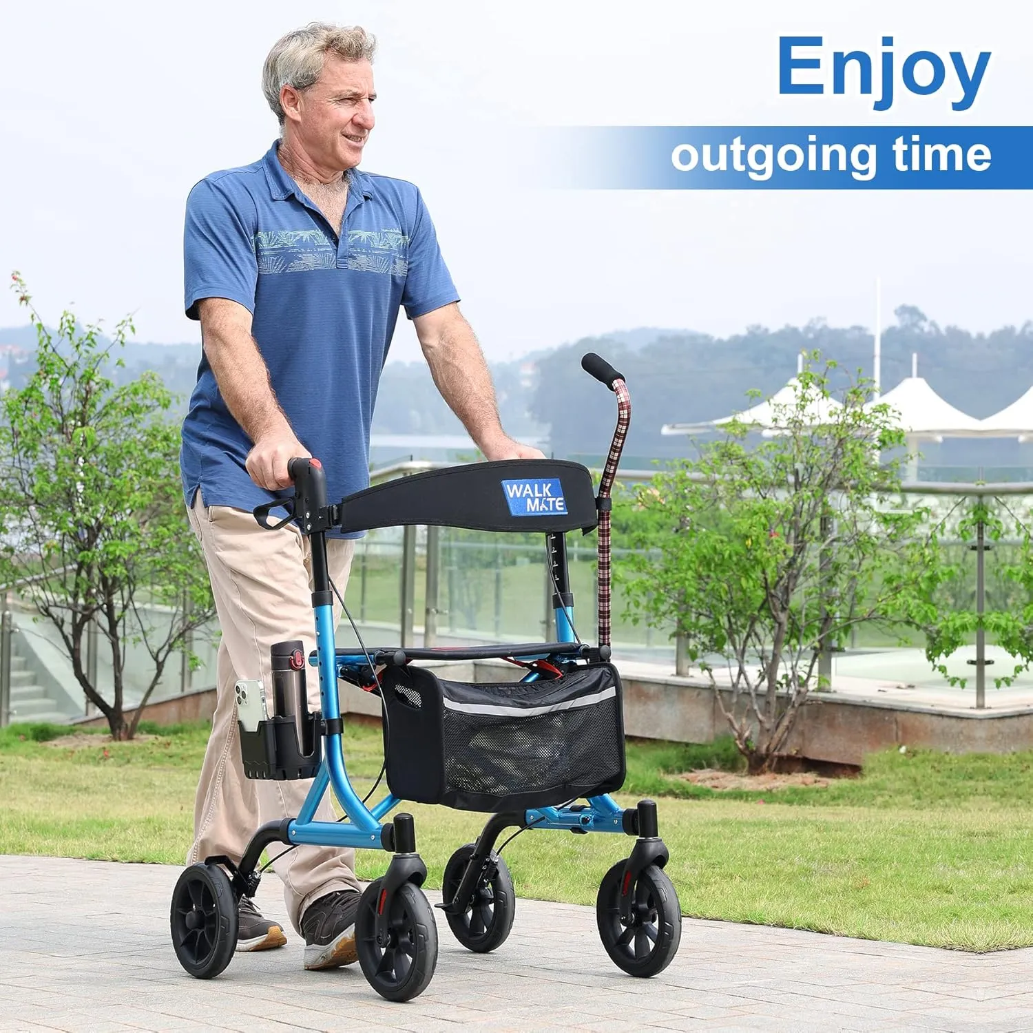 Rollator Walker for Seniors with Cup Holder, Upgraded Thumb Press Button for Height Adjustment, 4 x 8 Wheels Walker with Seat Padded Backrest Folding Lightweight Walking Aid, Blue