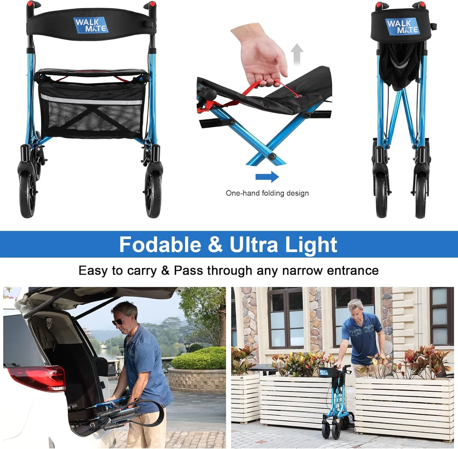 Rollator Walker for Seniors with Cup Holder, Upgraded Thumb Press Button for Height Adjustment, 4 x 8 Wheels Walker with Seat Padded Backrest Folding Lightweight Walking Aid, Blue