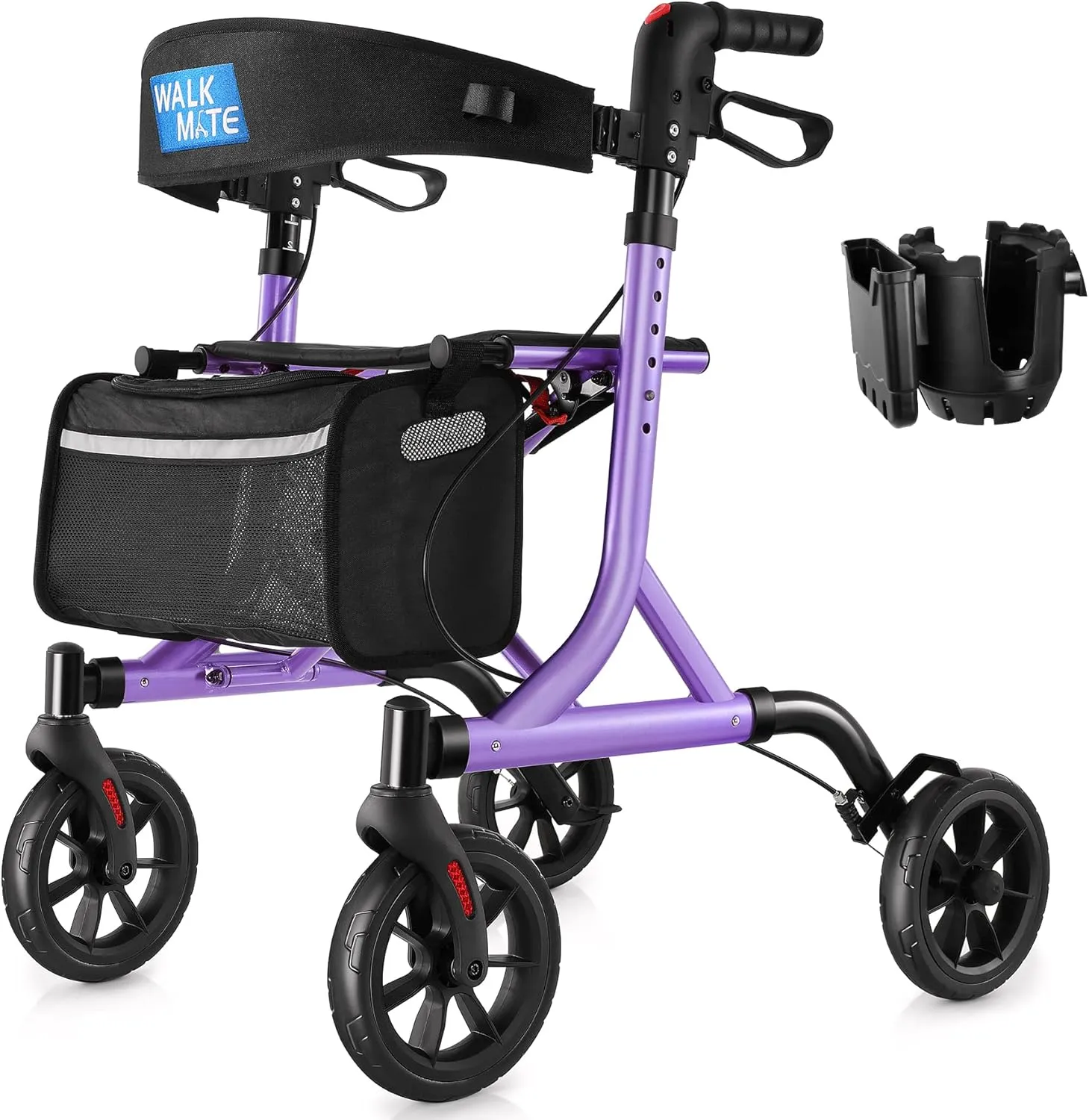 Rollator Walker for Seniors with Cup Holder, Upgraded Thumb Press Button for Height Adjustment, 4 x 8 Wheels Walker with Seat Padded Backrest Folding Lightweight Walking Aid, Purple