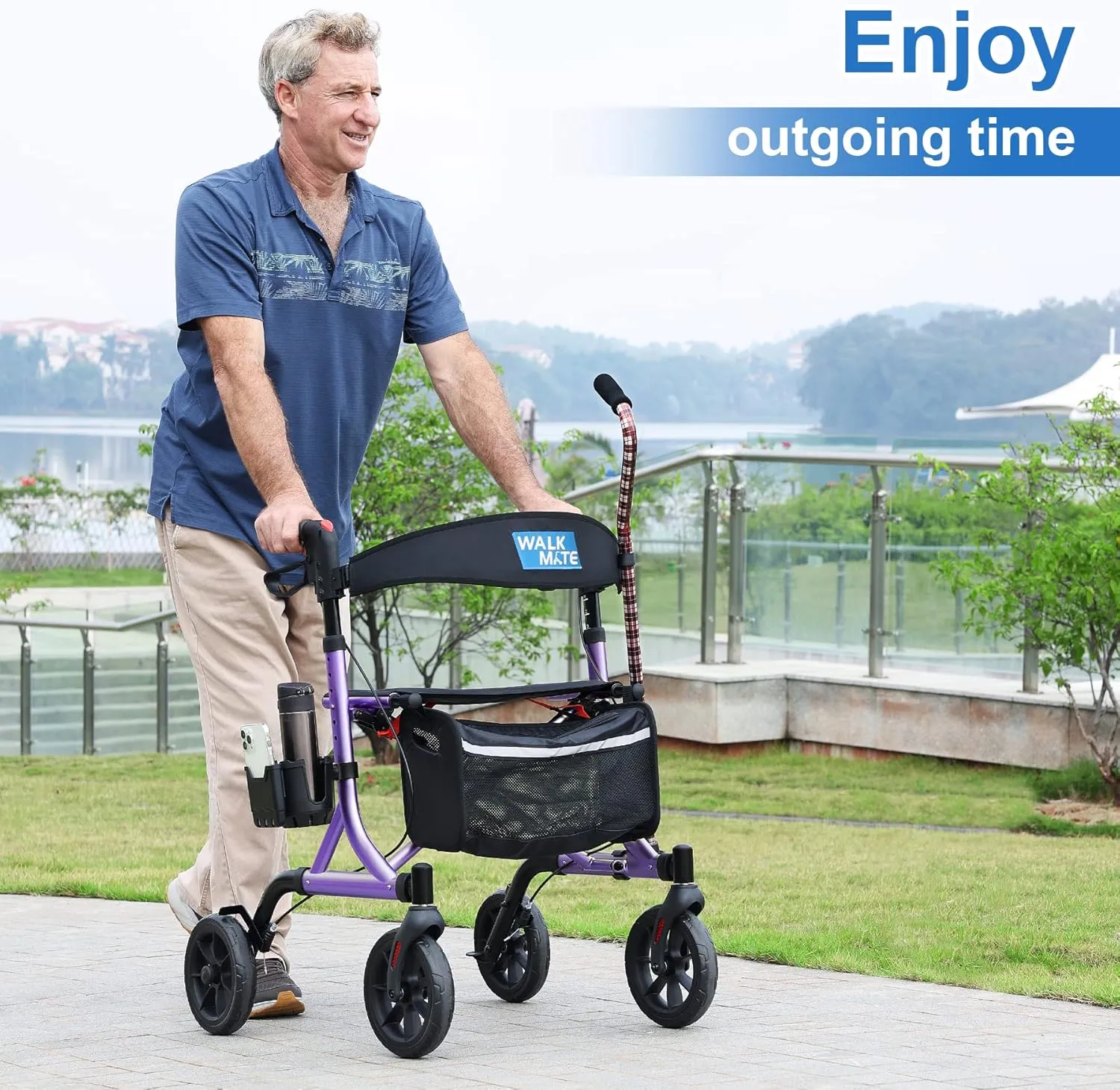 Rollator Walker for Seniors with Cup Holder, Upgraded Thumb Press Button for Height Adjustment, 4 x 8 Wheels Walker with Seat Padded Backrest Folding Lightweight Walking Aid, Purple