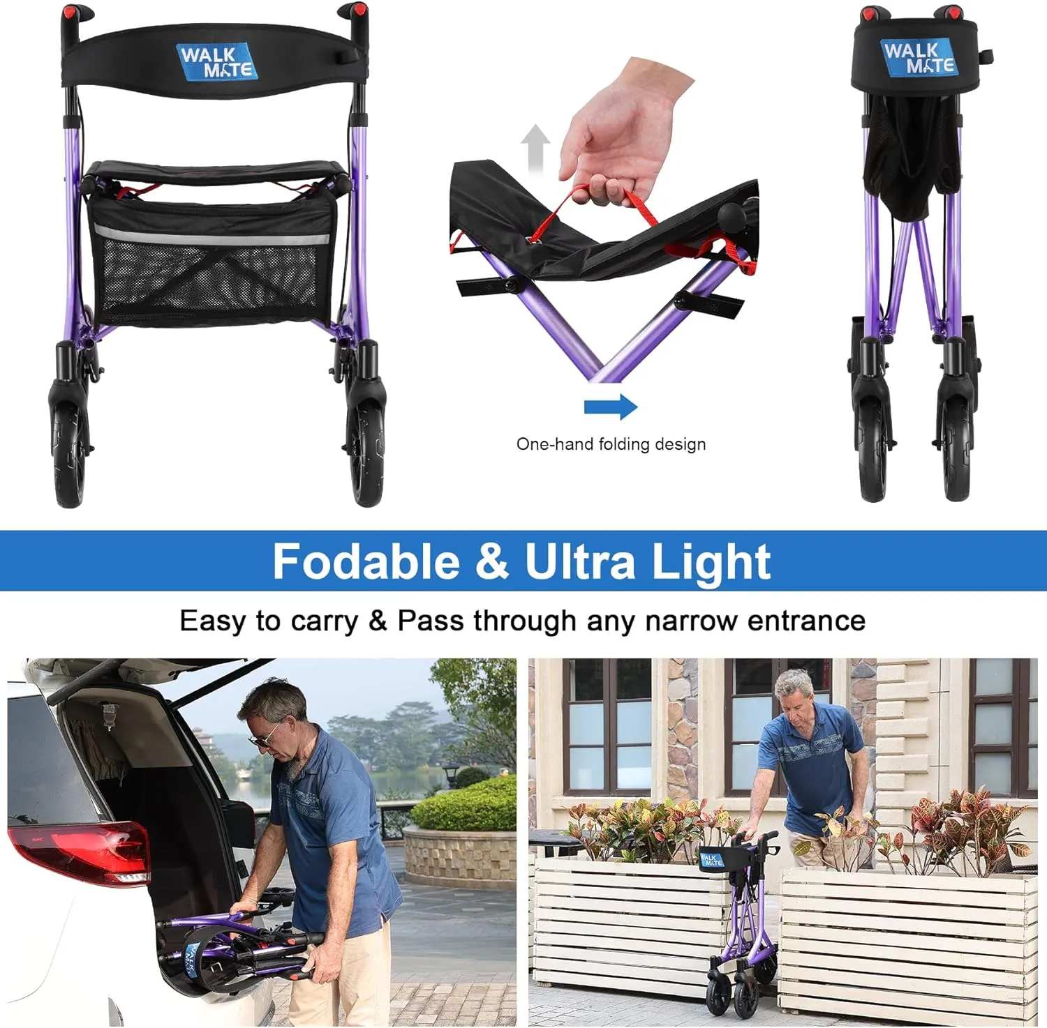 Rollator Walker for Seniors with Cup Holder, Upgraded Thumb Press Button for Height Adjustment, 4 x 8 Wheels Walker with Seat Padded Backrest Folding Lightweight Walking Aid, Purple