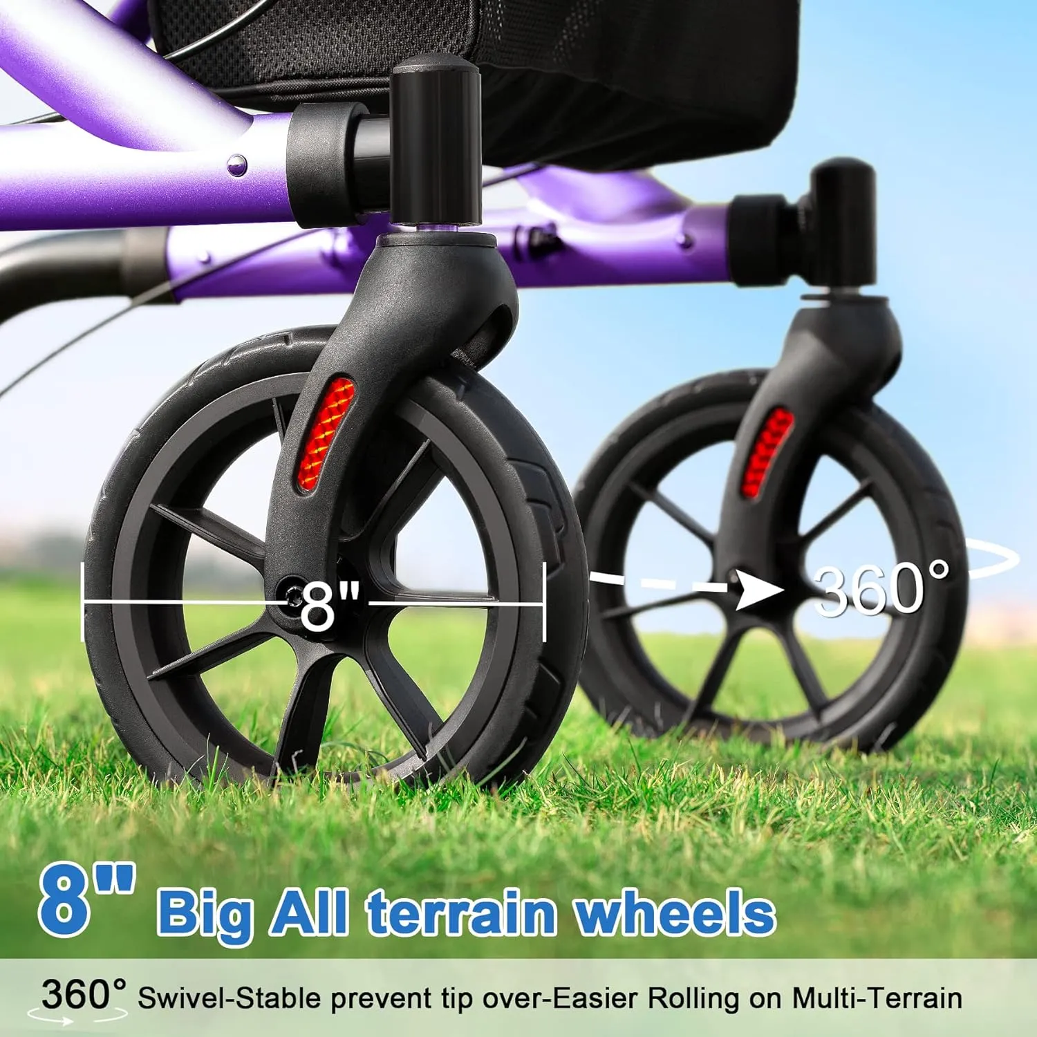 Rollator Walker for Seniors with Cup Holder, Upgraded Thumb Press Button for Height Adjustment, 4 x 8 Wheels Walker with Seat Padded Backrest Folding Lightweight Walking Aid, Purple