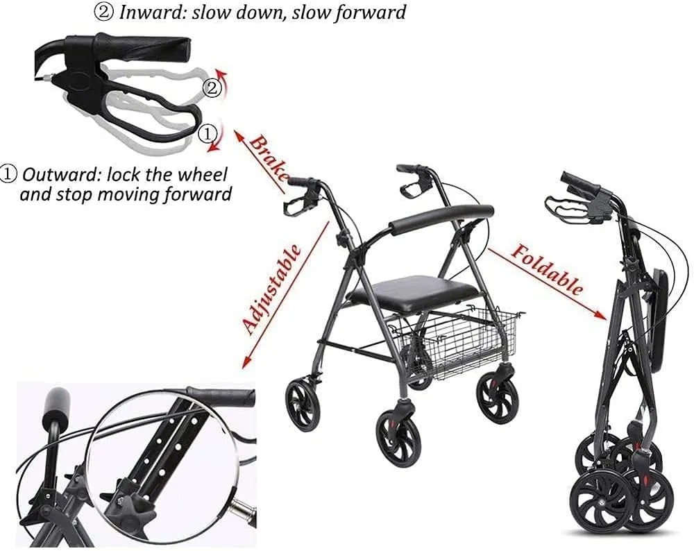 Rollator Walker Medical Walker for Seniors and Adults Elderly Lightweight Folding rollator Wheeled Walker Walking Frame with seat and Bag