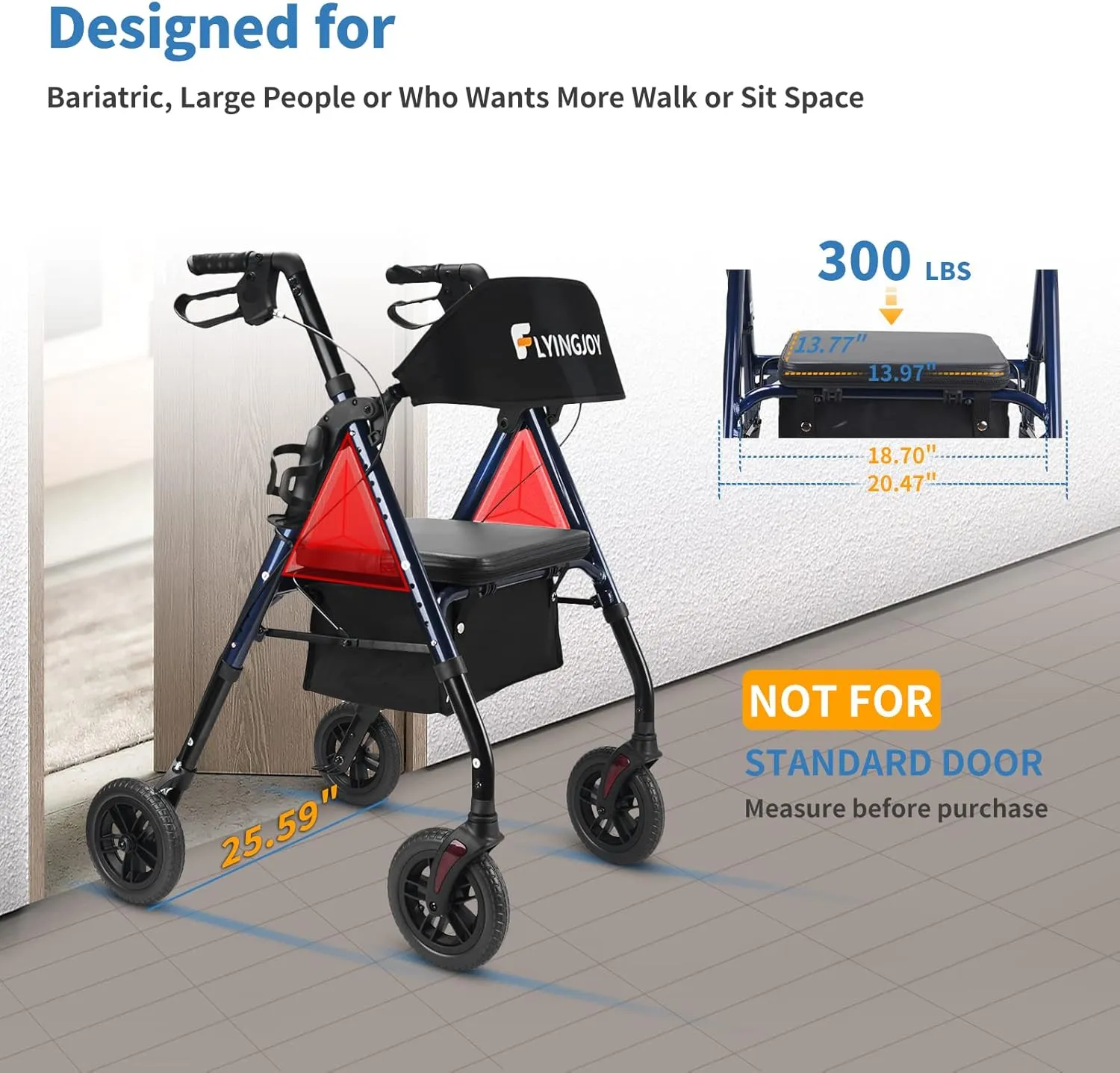 Rollator Walker with Seat and Brakes, 300 lbs Adults Bariatric Walker for Seniors with Extra Wide Backrest, Lightweight Folding Adjustable Height, All Terrain Rolling Walker 8 Inch 4 Wheels