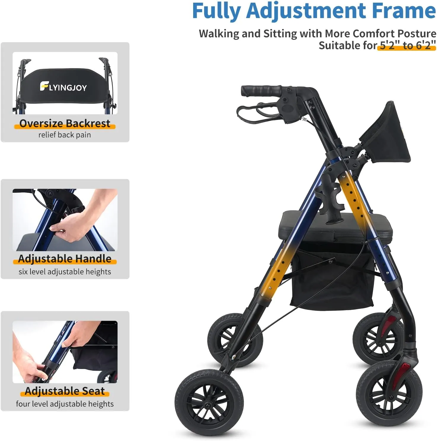 Rollator Walker with Seat and Brakes, 300 lbs Adults Bariatric Walker for Seniors with Extra Wide Backrest, Lightweight Folding Adjustable Height, All Terrain Rolling Walker 8 Inch 4 Wheels