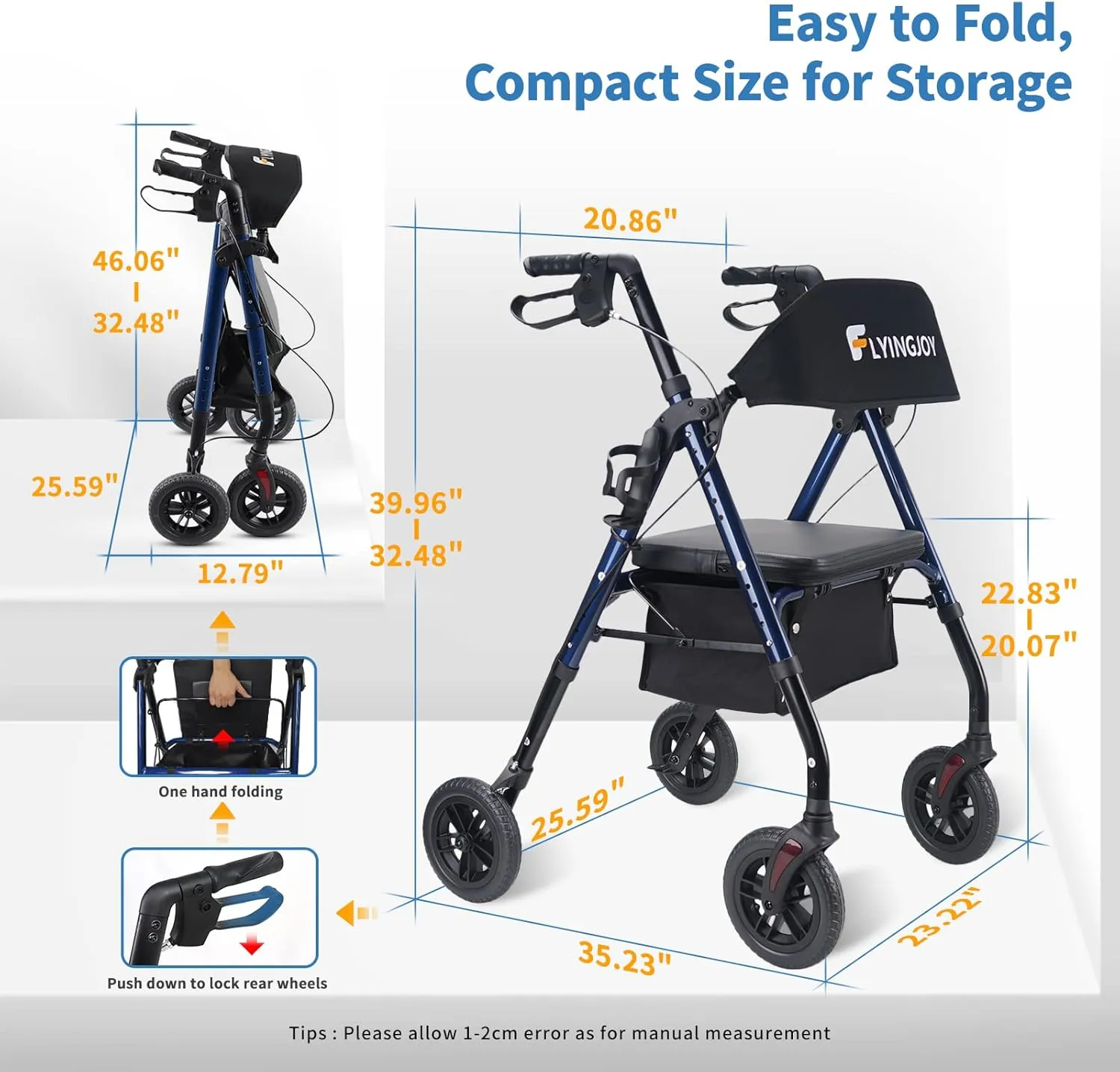 Rollator Walker with Seat and Brakes, 300 lbs Adults Bariatric Walker for Seniors with Extra Wide Backrest, Lightweight Folding Adjustable Height, All Terrain Rolling Walker 8 Inch 4 Wheels