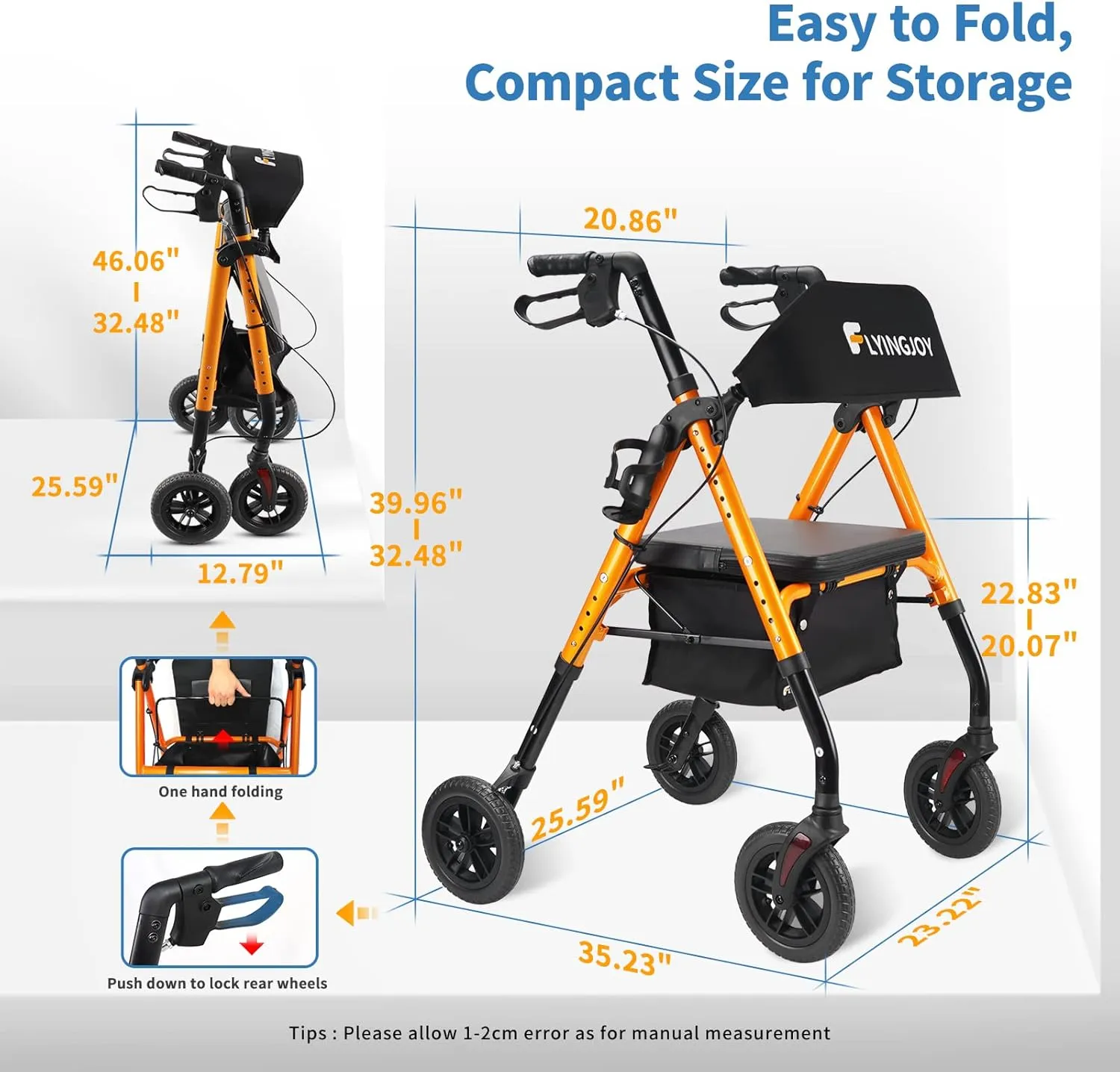 Rollator Walker with Seat and Brakes, 300 lbs Adults Bariatric Walker for Seniors with Extra Wide Backrest, Lightweight Folding Adjustable Height, All Terrain Rolling Walker 8 Inch 4 Wheels