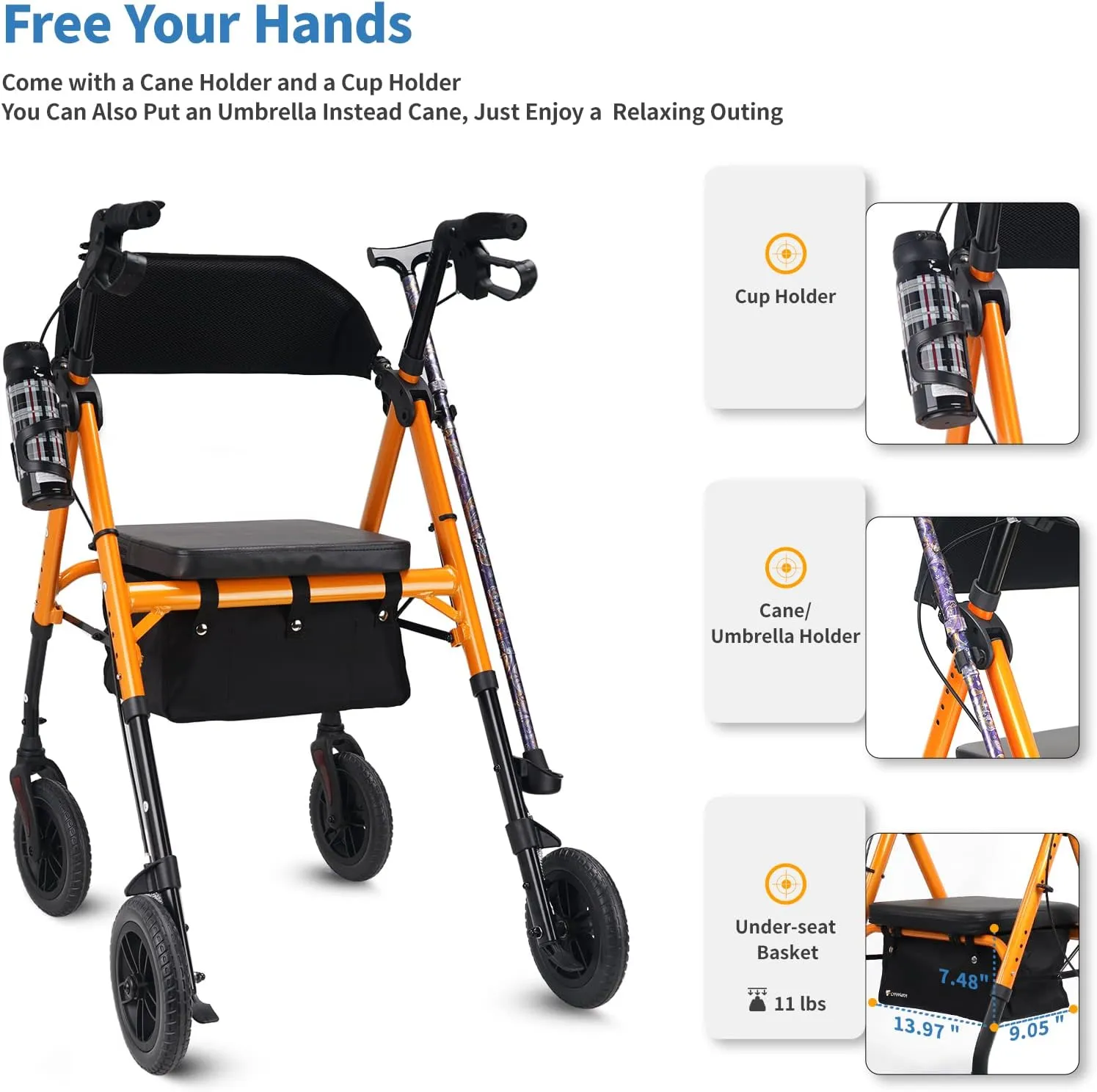 Rollator Walker with Seat and Brakes, 300 lbs Adults Bariatric Walker for Seniors with Extra Wide Backrest, Lightweight Folding Adjustable Height, All Terrain Rolling Walker 8 Inch 4 Wheels
