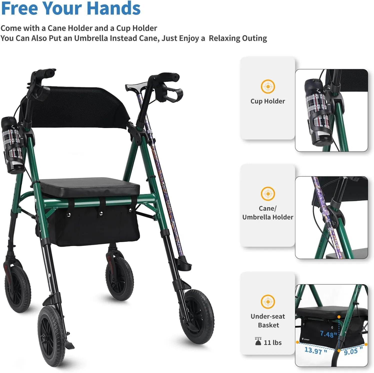 Rollator Walker with Seat and Brakes, 300 lbs Adults Bariatric Walker for Seniors with Extra Wide Backrest, Lightweight Folding Adjustable Height, All Terrain Rolling Walker 8 Inch 4 Wheels
