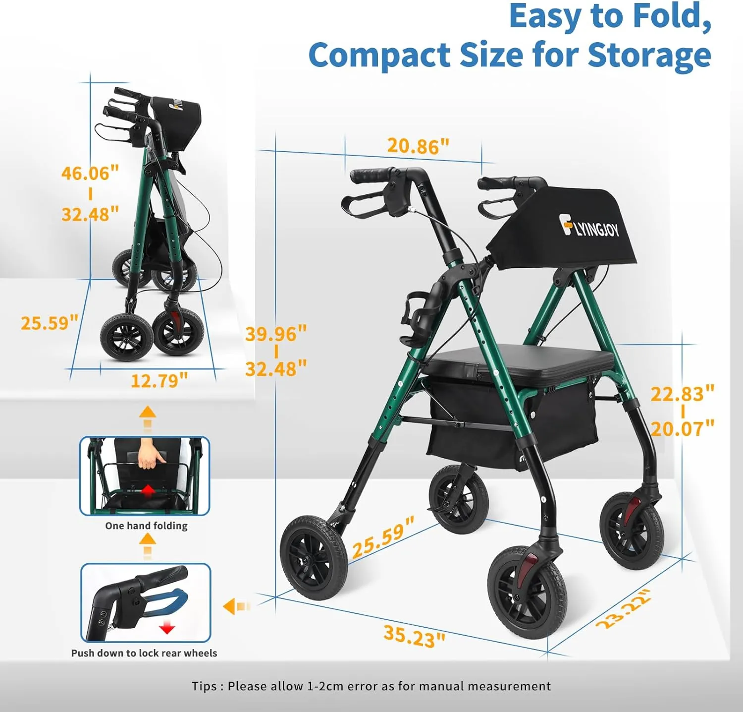 Rollator Walker with Seat and Brakes, 300 lbs Adults Bariatric Walker for Seniors with Extra Wide Backrest, Lightweight Folding Adjustable Height, All Terrain Rolling Walker 8 Inch 4 Wheels