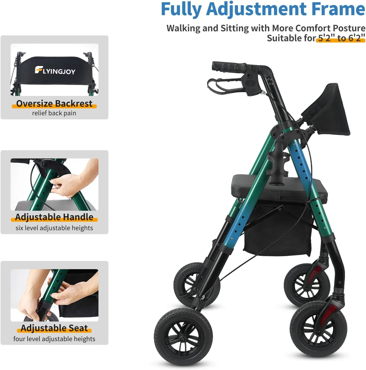 Rollator Walker with Seat and Brakes, 300 lbs Adults Bariatric Walker for Seniors with Extra Wide Backrest, Lightweight Folding Adjustable Height, All Terrain Rolling Walker 8 Inch 4 Wheels