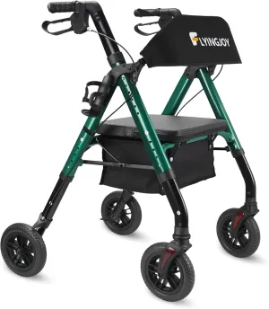 Rollator Walker with Seat and Brakes, 300 lbs Adults Bariatric Walker for Seniors with Extra Wide Backrest, Lightweight Folding Adjustable Height, All Terrain Rolling Walker 8 Inch 4 Wheels
