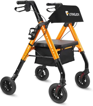 Rollator Walker with Seat and Brakes, 300 lbs Adults Bariatric Walker for Seniors with Extra Wide Backrest, Lightweight Folding Adjustable Height, All Terrain Rolling Walker 8 Inch 4 Wheels